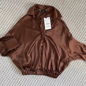 ZARA Women's Silky Brown Blouse SIze Small NWT!